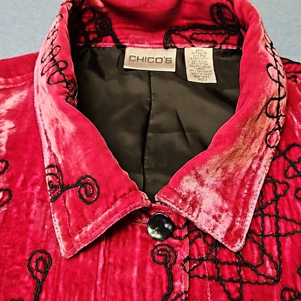  CHICO'S FUSHIA & BLACK NEW embroidered designs  longSleeve velvet silk Jacket - Picture 9 of 17